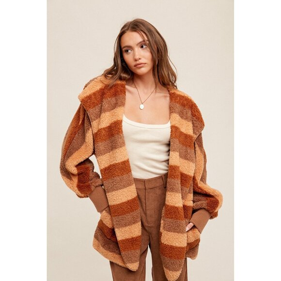 NEW Boutique Hooded Rust Teddy Jacket Cozy Sherpa Fleece Weekend Furry Soft Warm - Picture 3 of 5